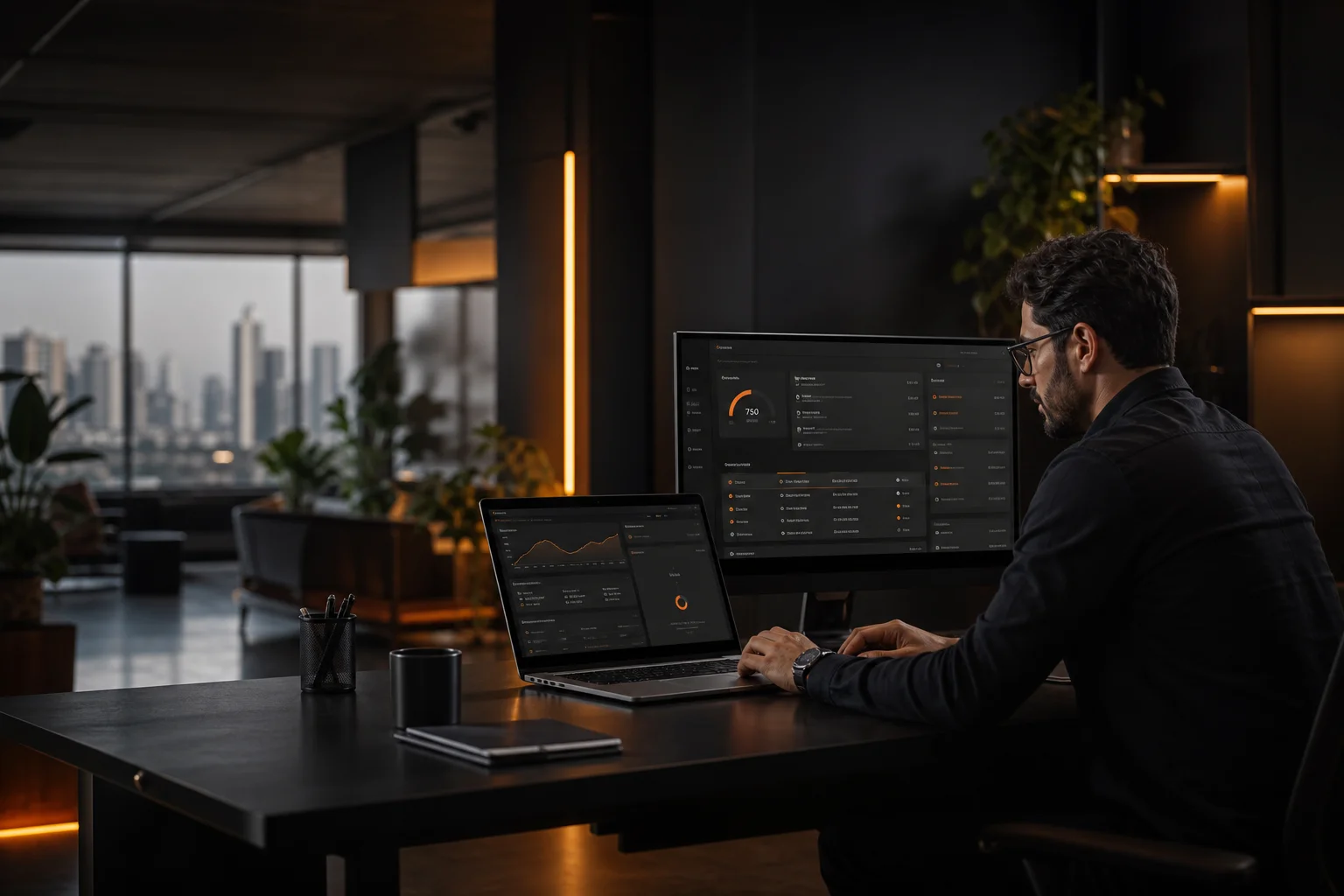 Escritório da Robbin com dashboard de crédito em monitores, luz alaranjada
